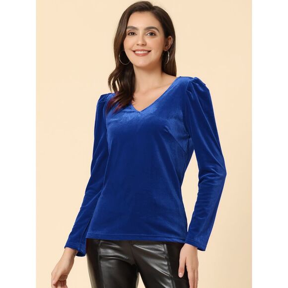 Velvet V-Neck Long Sleeve Gilding Metallic Stars Top Royal Blue - Picture 2 of 5
